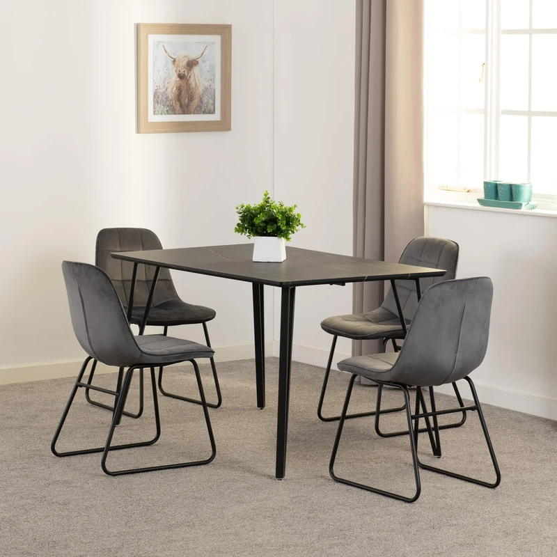 Seconique Marlow Dining Set with Lukas Chairs in Black Marble Effect/Black/Grey Velvet