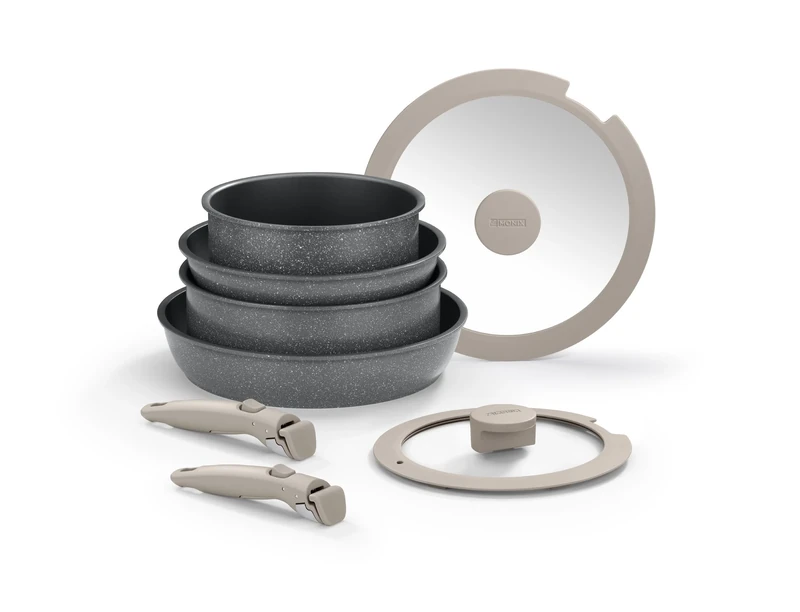 MONIX One Click Pietra | 8 Piece Battery, Forged Aluminium with Non-Stick, PFOA Free, Detachable Handle, Suitable for All Types of Cookers, Including Induction, Stackable for Space Saving