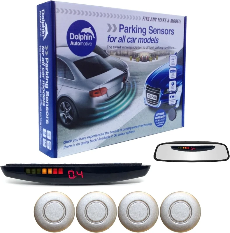 Dolphin Automotive DPS455 Reverse Parking Sensors In 32 Colours 4 Ultrasonic Radar Sensors Kit Audio & Rear Roof Mounted Display Alert System Matt & Gloss Black +30 More Colours (Silver) - Image 1