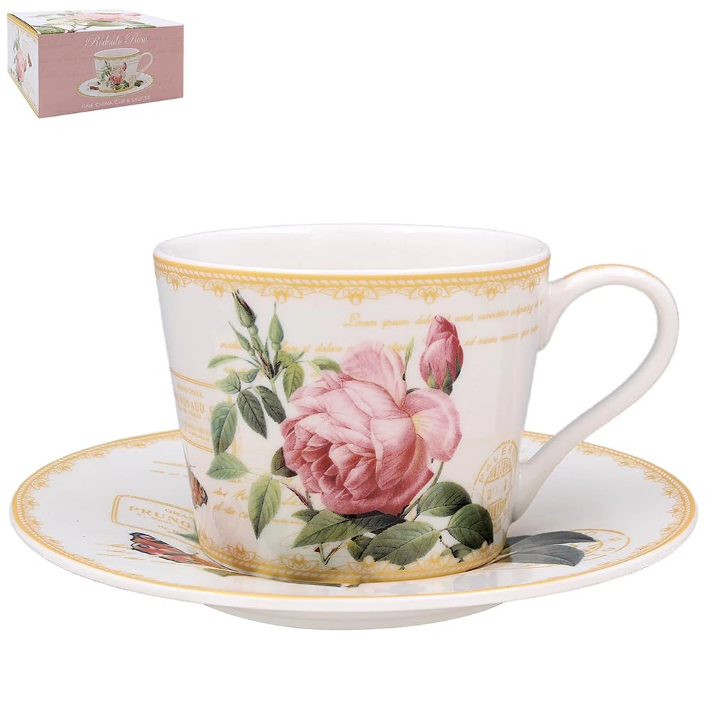 The Leonardo Collection Redoute Rose Cup & Saucer Pierre-Joseph Redoute for Hot & Cold Drinks | Durable Coffee Cups for Home & Office | Comfortable & Easy-to-Hold Coffee Mug