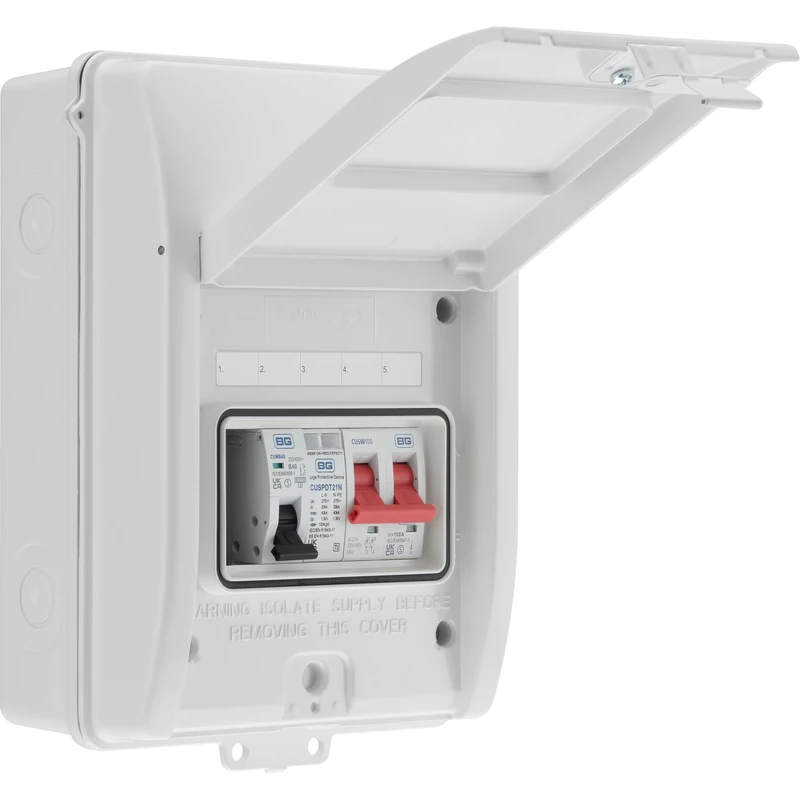 Sync Energy EV Charger Consumer Unit with 40A MCB, Type 2 SPD, and 100A Main Switch, Electric Vehicle Enclosure Kit, Weatherproof, 5 Module, Populated, BG Sync EV, White, IP65, CFEV6W