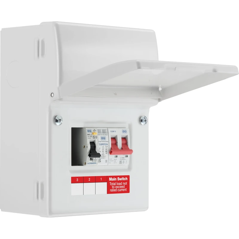 Sync Energy EV Charger Consumer Unit, 40A 30mA Type A RCBO, 100A Main Switch & Type 2 SPD, Double Pole, Electric Vehicle Enclosure Kit, 5 Module, Indoor, BG Sync EV, IP20 CFUEV5RDA