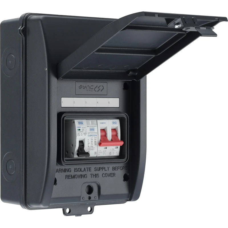 Sync Energy EV Charger Consumer Unit with 40A MCB, Type 2 SPD, and 100A Main Switch, Electric Vehicle Enclosure Kit, Weatherproof, 5 Module, Populated, BG Sync EV, Grey, IP65, CFEV6