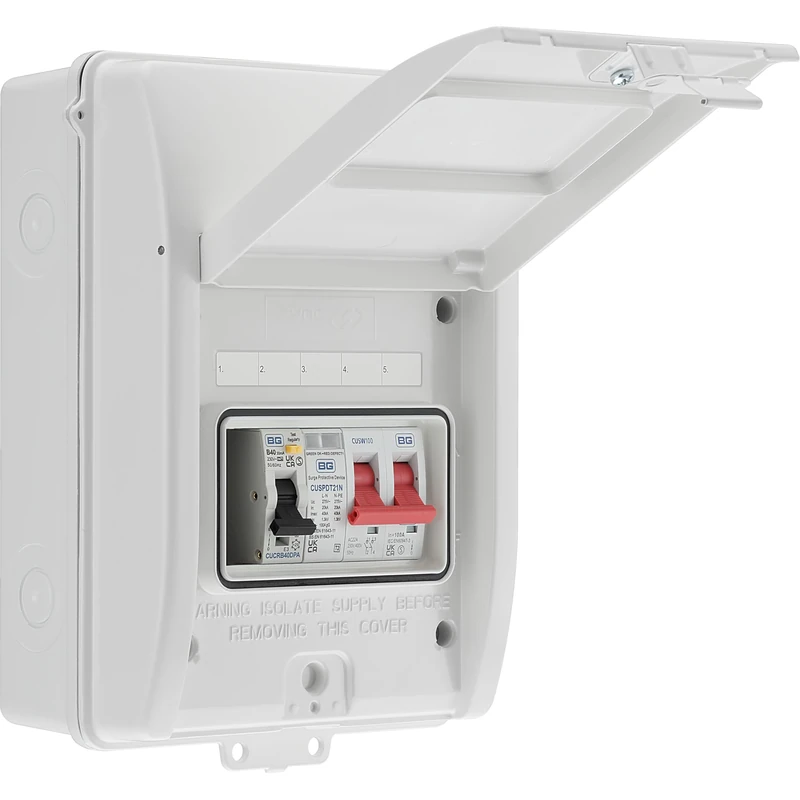 Sync Energy EV Consumer Unit with 40A 30mA Type A RCBO, Type 2 SPD, and 100A Main Switch, Electric Vehicle Enclosure, Double Pole, Weatherproof, 5 Module, BG Sync EV, White, IP65, CFEV5RDAW - Image 1