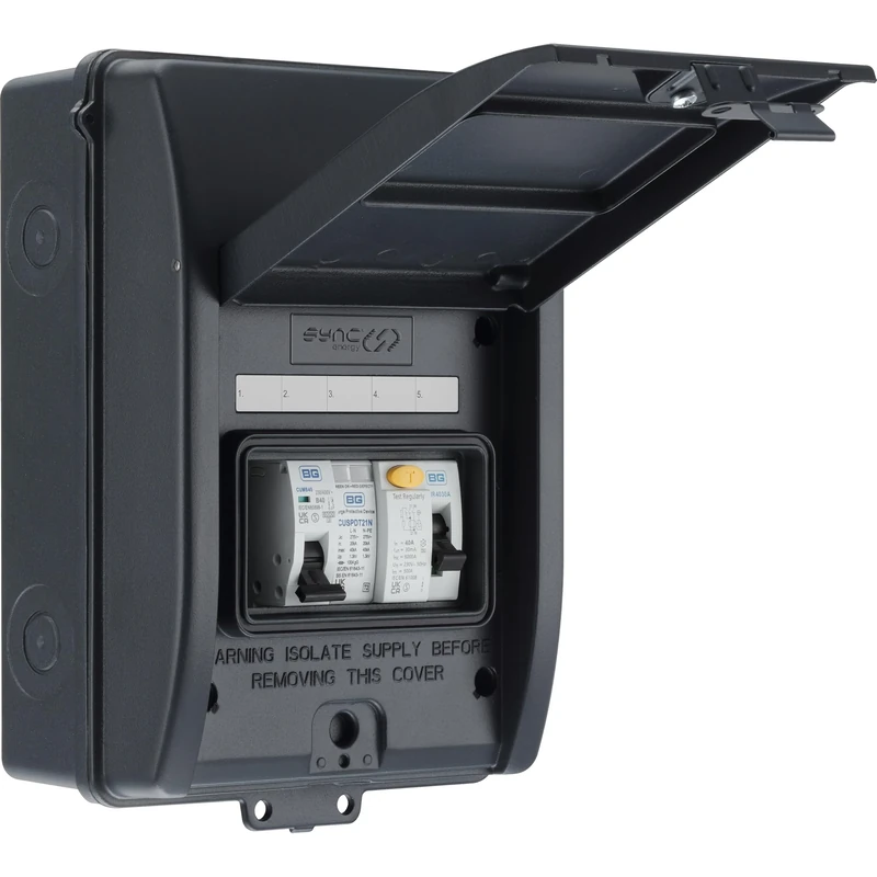 Sync Energy EV Charger Consumer Unit with 40A 30mA Type A RCD, Type 2 SPD, & 40A MCB, Electric Vehicle Enclosure Kit, Weatherproof, 5 Module, Populated, BG Sync EV, Grey, IP65, CFEV5A