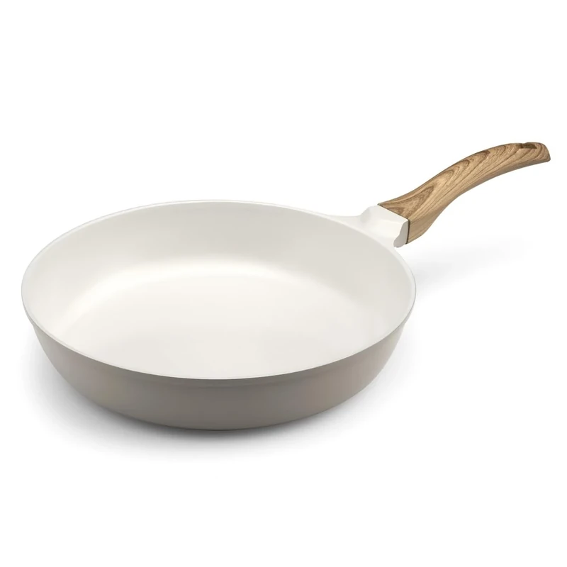 Cuisinox - Mythic - Frying pan 28 cm with White Ceramic Coating - Fixed Soft Touch Wood Effect Handle - PFOA and PFAS Free - White and Grey