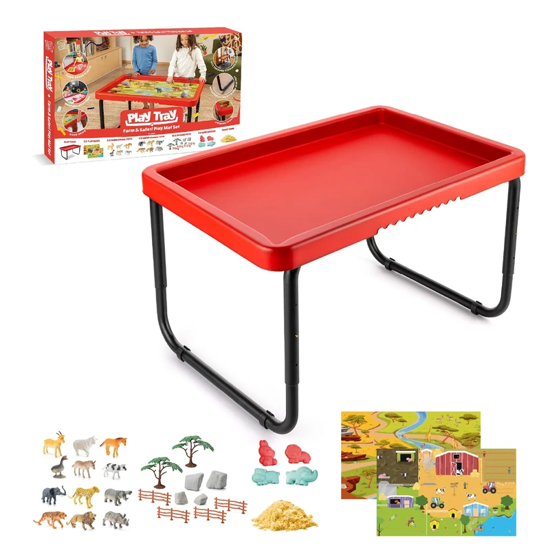 Play Tray Activity Table with Play Mat Set, Kids Sensory Play Tray, Farm and Safari Theme Play Mat Set, Red