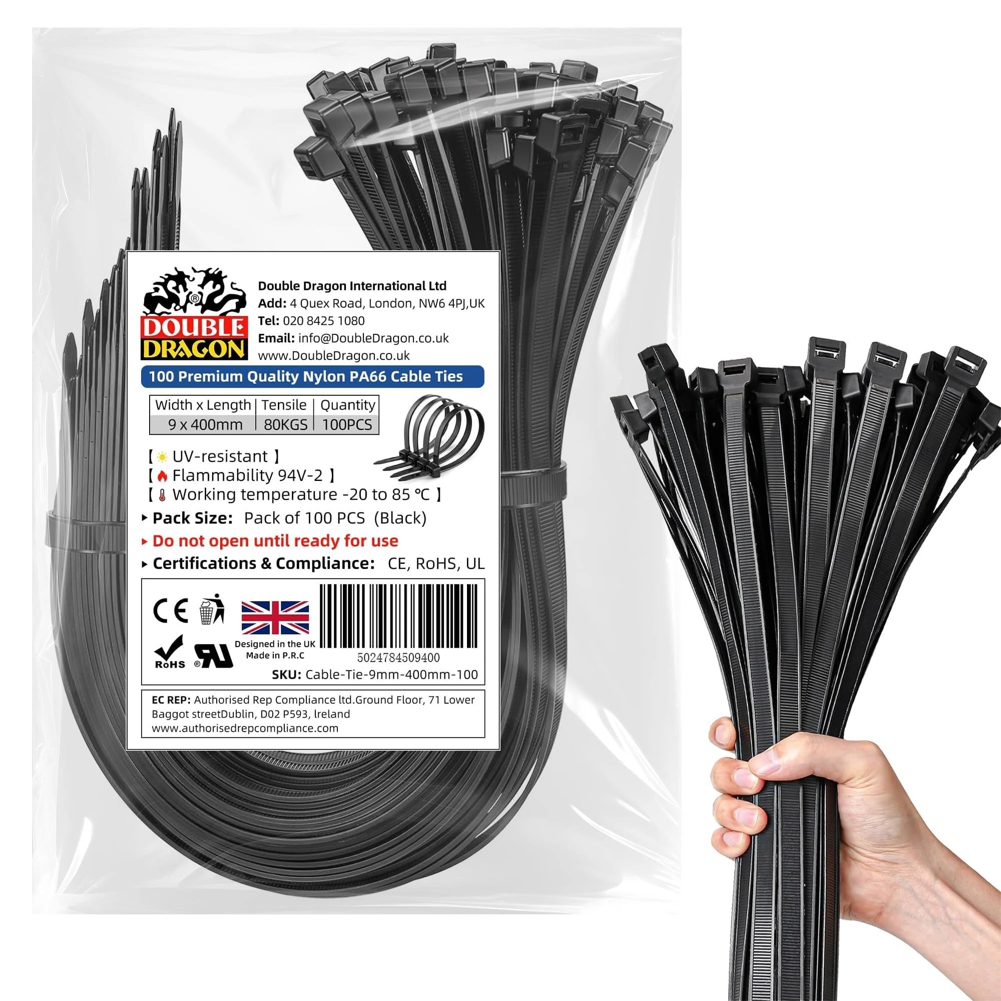 Double Dragon 9 mm x 400 mm Heavy‑Duty PA66 Nylon Cable Ties - 100 Pack | 80 kg (175 lb) Tensile Strength | UV‑ & Weather‑Resistant Self‑Locking Zip Ties | CE • RoHS • UL