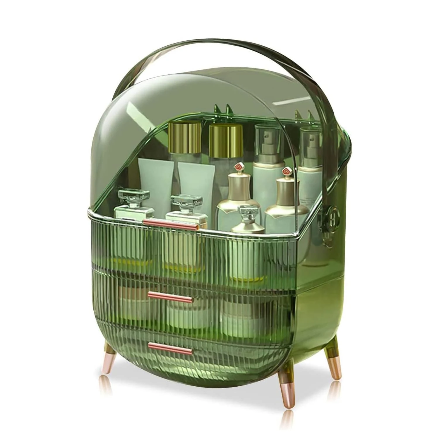 Neo Pink Three Layer Cosmetic Makeup Vanity Beauty Storage Organiser Skincare Display Box Case Holder (Transparent Green)