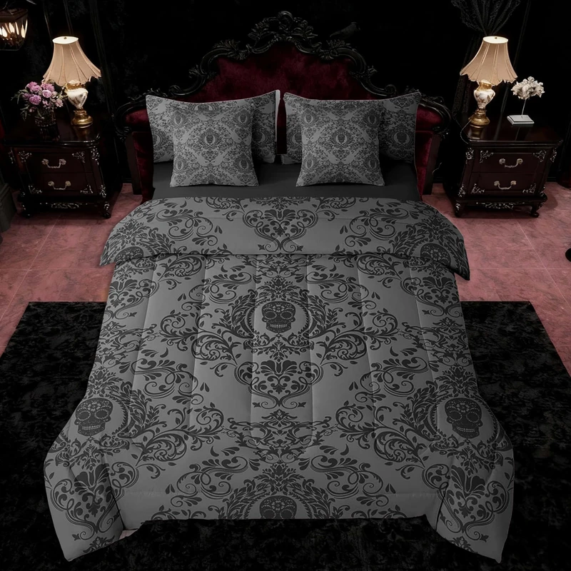 Feelyou Adults Black Gothic Damask Bedding Set 7 Pieces Queen Size Bohemia Skull Comforter Set Comforters Oriental Antique Floral Boho Bed in a Bag