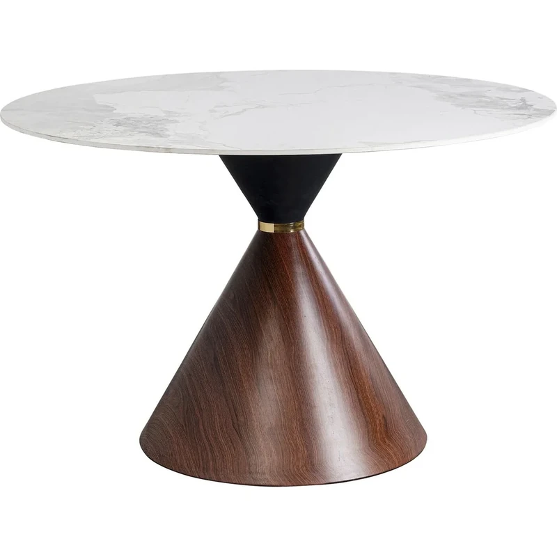 Kare Design Table Cono Ceramic, Brown, White, Tabletop Marble Look, Base Wood Finish, Round Diameter 120cm, Seats 4-6 People, Dining Table, Furniture for Eating in Living Room, Kitchen