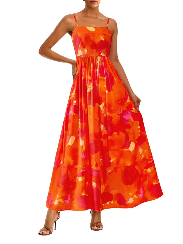 PRETTYGARDEN Summer Dresses for Women 2025 Beach Maxi Dress Spaghetti Strap Floral Boho A Line Wedding Guest Flowy Long Dress, Floral Rust Red, M - Image 1