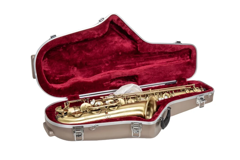 Crossrock ABS Tenor Saxophone Case – Contoured Champagne Finish, Burgundy Velvet Interior, Accessory Pocket, Security Lock & Detachable Strap - Champagne (CRA862TSCH)