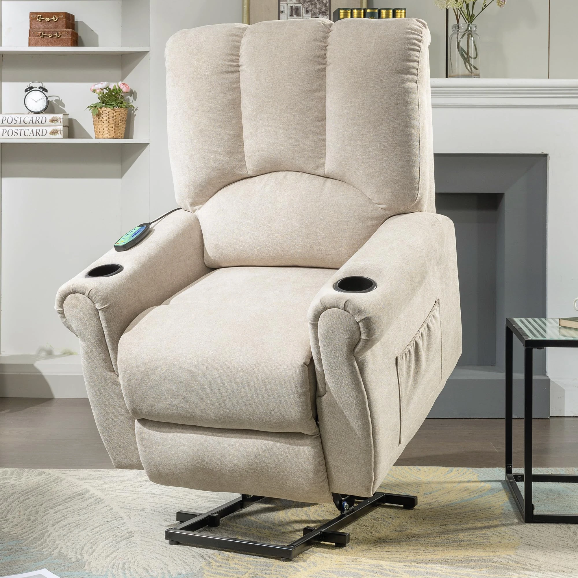 LANTRO JS Massage Recliner Chair, Riser Recliner Chairs Electric, Single Motor Electric Recliner Armchair with Storage Pockets and Cup Holders, Beige