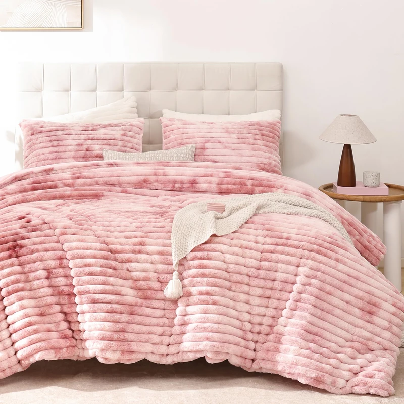 Smoofy Fluffy Queen Size Comforter Set 3 Pieces - Tie-dye Pink Fleece Fluffy Comforter Set, Luxury Fuzzy Queen Bedding Set, Soft Warm Bed Set All Season, Heavy Faux Fur Comforter with 2 Pillow Cases