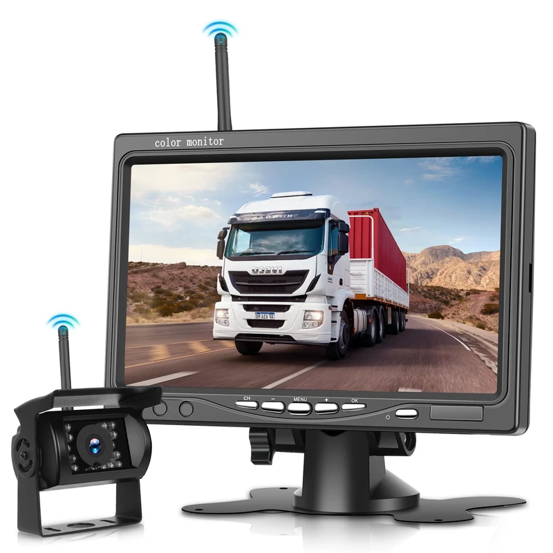 Rimoody 7 Inch 1080P IPS Wireless RV Reversing Camera Monitor, Wireless Backup Camera Parking Line BSD Image Flip IR Night Vision Waterproof Rear View Camera for Cars/Vans/Trucks/Travel Trailer/Pickup