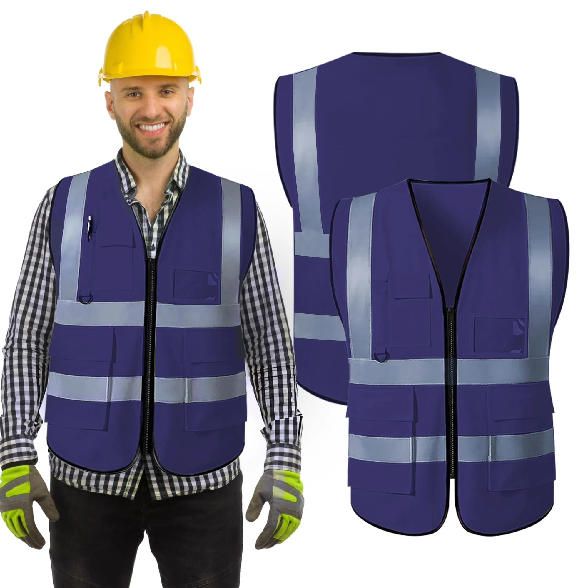 Wraplyft Hi Visibility Custom Safety Work Vest for Men and Women | Vest with Zipper Front and Multi Function Pockets - 360° Reflective Coverage with 2-Inch Reflective Tapes - (Navy,XXL)