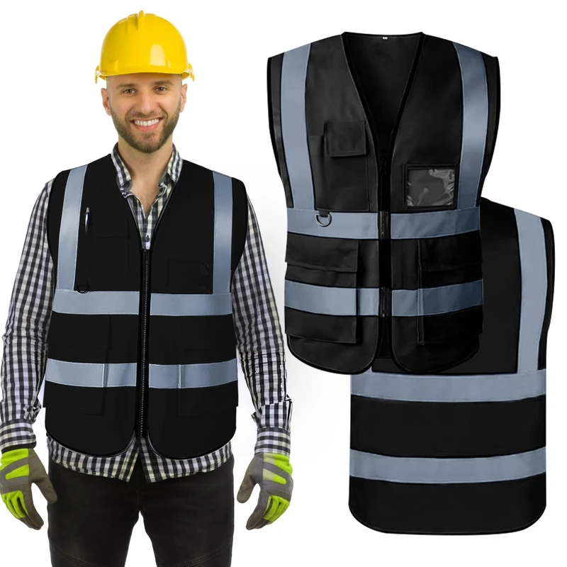 Wraplyft Hi Visibility Custom Safety Work Vest for Men and Women | Vest with Zipper Front and Multi Function Pockets - 360° Reflective Coverage with 2-Inch Reflective Tapes - (Black,XXL)