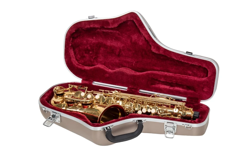 Crossrock ABS Alto Saxophone Case – Contoured Champagne Finish, Burgundy Velvet Interior, Accessory Pocket, Security Lock & Detachable Strap - Champagne (CRA862ASCH)