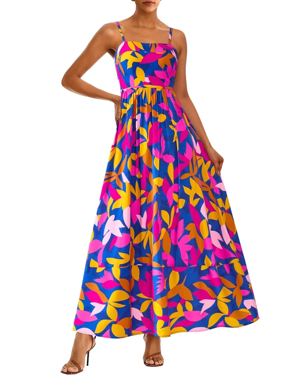 PRETTYGARDEN Women Summer Maxi Dresses 2026 Spaghetti Strap Boho Floral Striped Wedding Guest Beach Vacation Flowy Long Dress, Blue Floral, S - Image 1