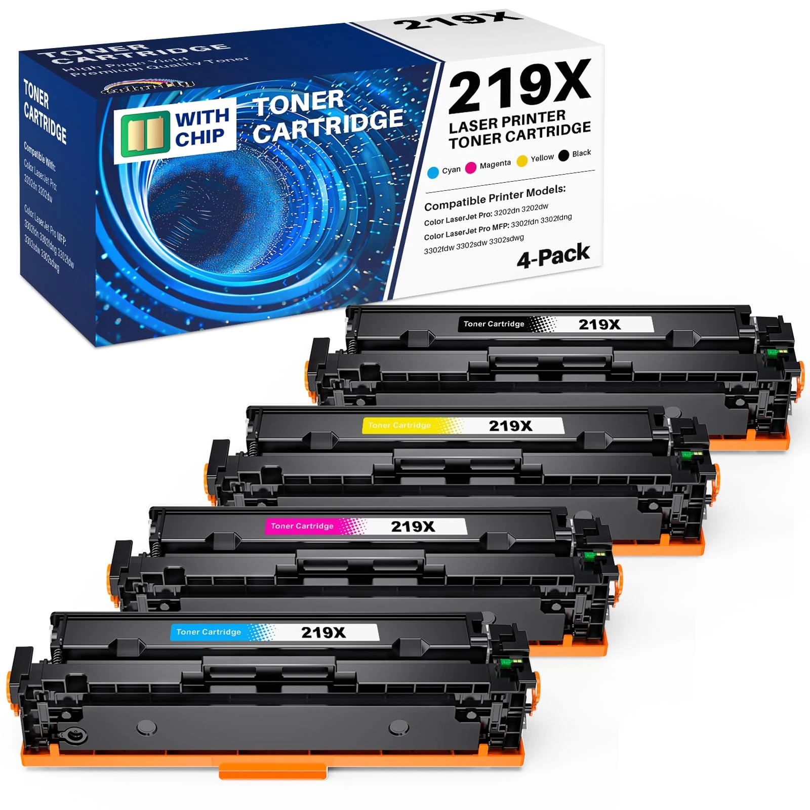 219X 219A Toner Cartridge: With Chip Compatible for HP 219X 219A with Color LaserJet Pro MFP 3302FDW 3302SDW 3302FDN 3302FDNG 3302FDWG 3302SDWG 3202DN 3202DW W2190X W2191X W2192X W2193X(4 Pack)