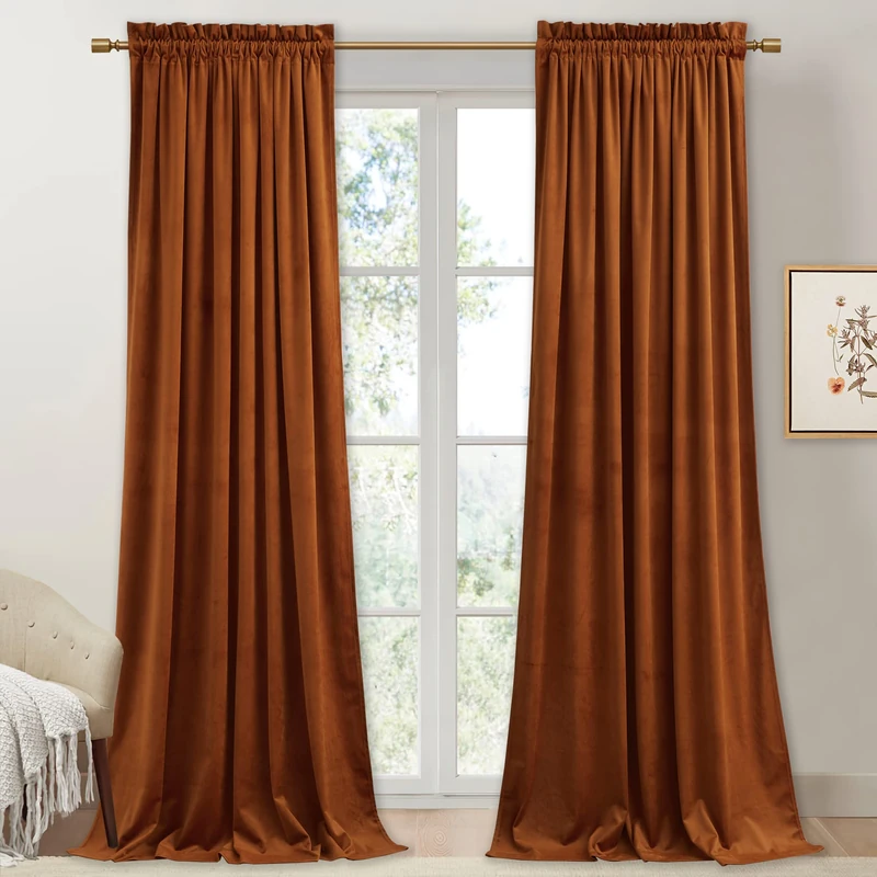 StangH Burnt Orange Velvet Curtains 92 inches Vibrant Room Darkening Drapes for Living Room, Soft Thermal Insulated Divider Curtains, Warm Autumn Home Decor, W52 x L92, 2 Panels