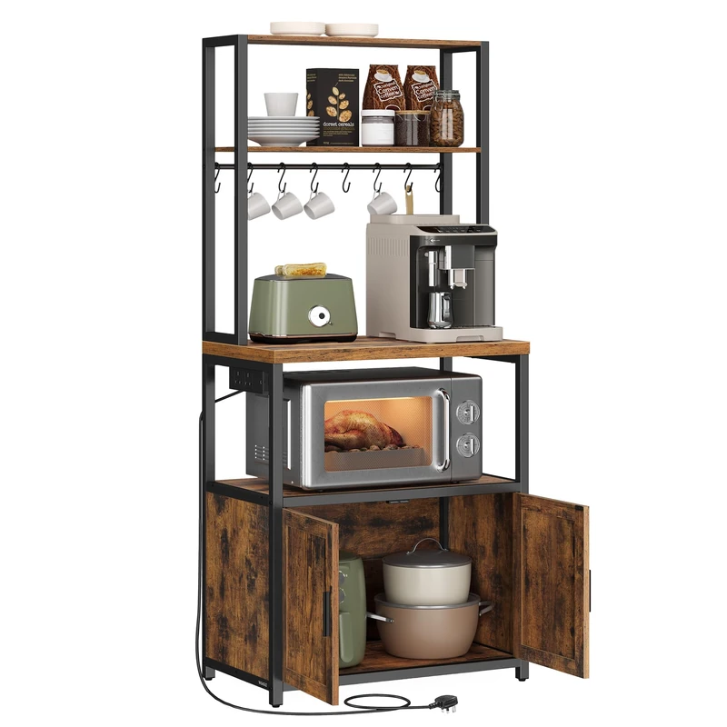 VASAGLE Kitchen Bakers Rack with Power Outlet, Coffee Bar Cabinet with 90 cm High Worktop, Microwave Stand with 8 Hooks, 40 x 60 x 170 cm, Rustic Brown and Ink Black KKS058K01