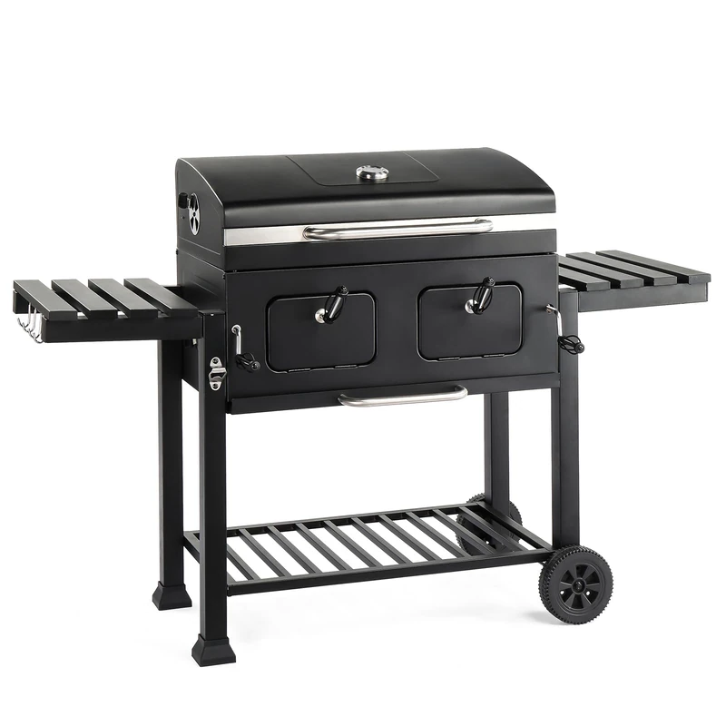ROVSUN Charcoal Grill with Two Side Tables, Extra Large Cooking Area, Two Individual Lifting Charcoal Trays, Pull-out Ash Tray, Perfect BBQ Grill for Outdoor Picnic, Black - Image 1