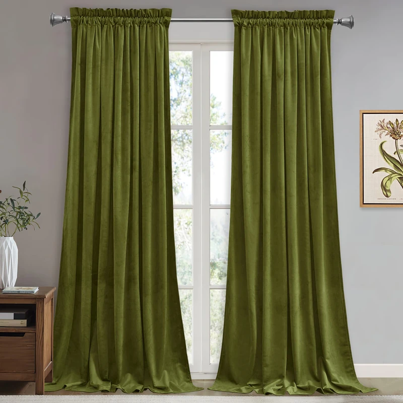 StangH Olive Green Velvet Curtains Elegant Thermal Insulated Light Blocking Drapes for Office, Heavy Soft Curtains for Bedroom, Rich Earthy Tone Christmas Decor, W52 x L92, 2 Panels