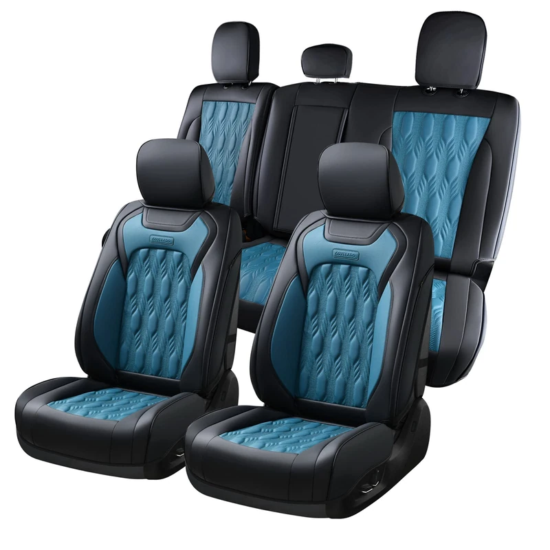 Coverado Full Set Car Seat Covers, Leather F150 Seat Covers for Cars, SUV, and Pickup Trucks – Compatible with 2015-2025 F150 SuperCrew and 2017-2025 F250 F350 F450 Super Duty Crew Cab (Black & Blue)