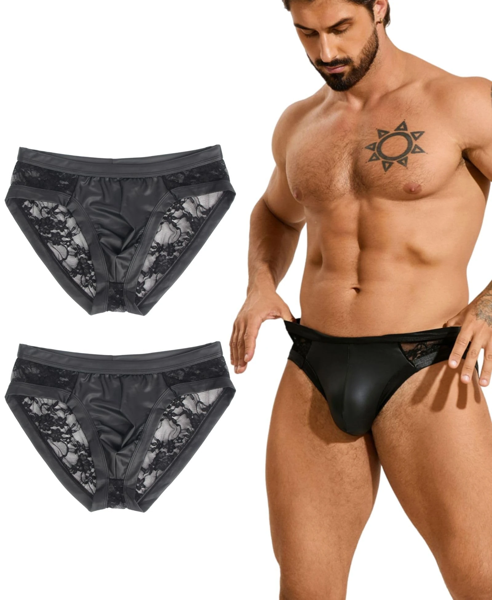 ohyeahlady Men's Briefs Lace Sheer Sexy Underwear Shiny Bulge Pouch Sissy Lingerie Male Stretch Waistband Underpants Multipack Black XXL, Box Package