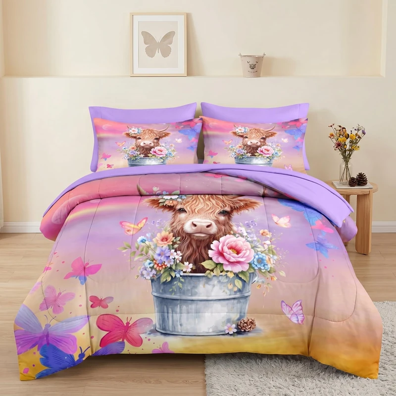 Pamnest Comforter Set Queen Size, Highland Cow Calf 7 Pcs Bedding for Kids and Adults, Colorful Butterfly Flower Purple Bed Sheet Sets with Fitted Sheet 2 Pillowcases & 2 Shams for Bedroom Bed Decor