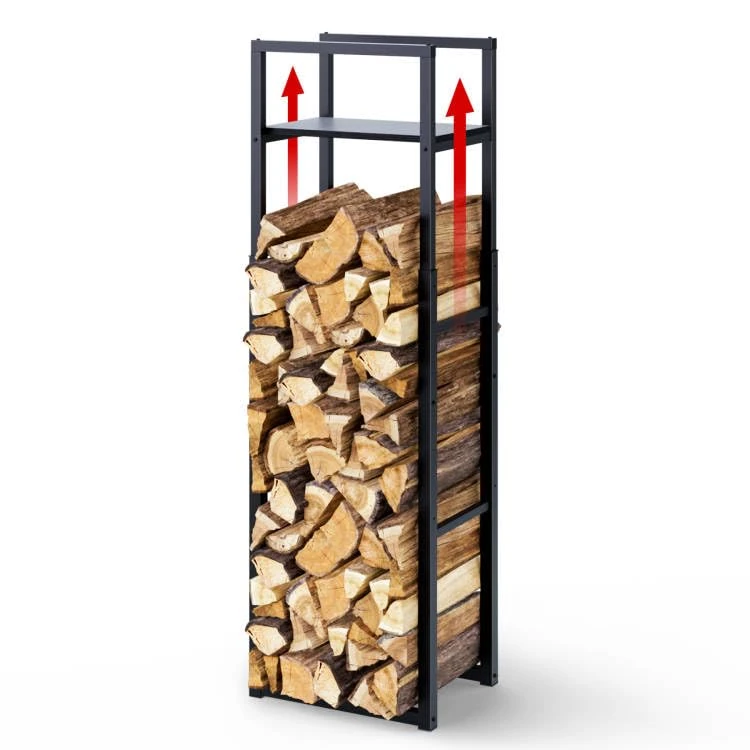 VOUNOT® Log Store Firewood Storage Rack with Adjustable Height 120/145/170 cm, Metal Wood Holder with Integrated Shelf, Heavy Duty Vertical Log Stand for Indoor and Outdoor Firewood Storage, Black