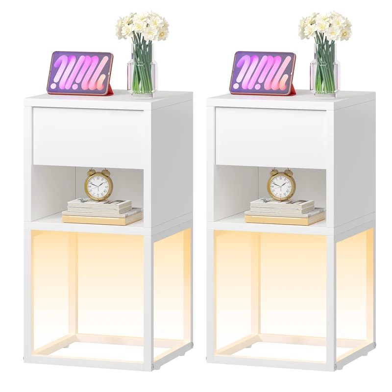 YITAHOME Set of 2 White Slim Bedside Tables with LED Lights, Drawer and Open Shelf, Small Narrow Side End Tables,Wooden Nightstand Side table, End table for Bedroom, Living Room, 30x30x60cm
