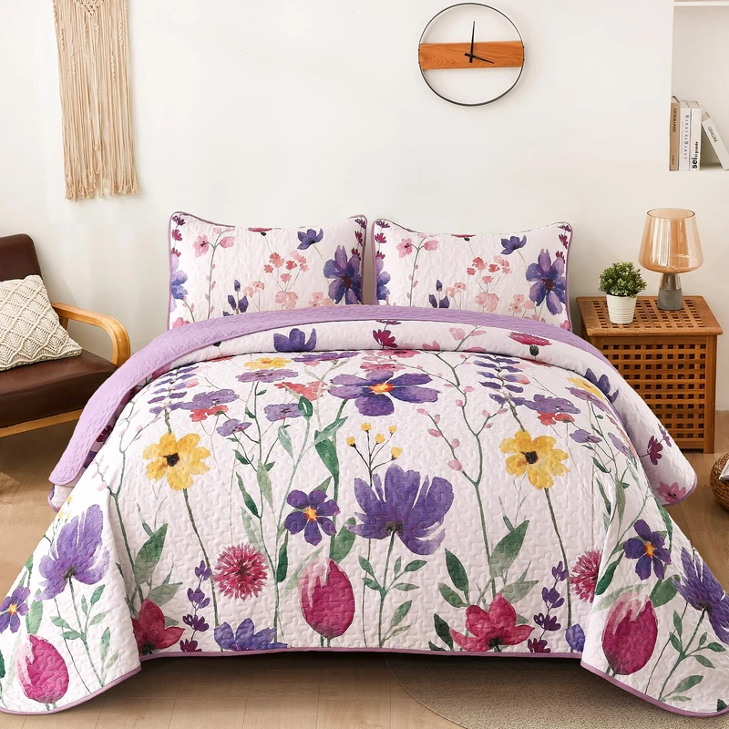 Anibedding Purple Floral Quilt Set Full - 3 Piece Microfiber Bedding