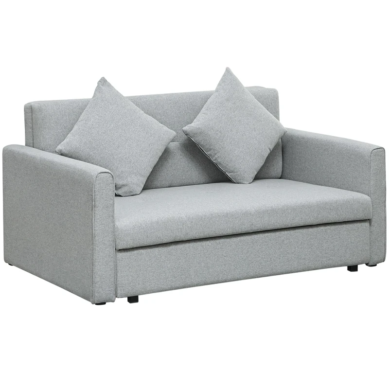 HOMCOM 2 Seater Sofa Bed, Convertible Bed Settee, Modern Linen Loveseat Sofa Couch with 2 Cushions, Hidden Storage for Living Room, Guest Room, Light Grey