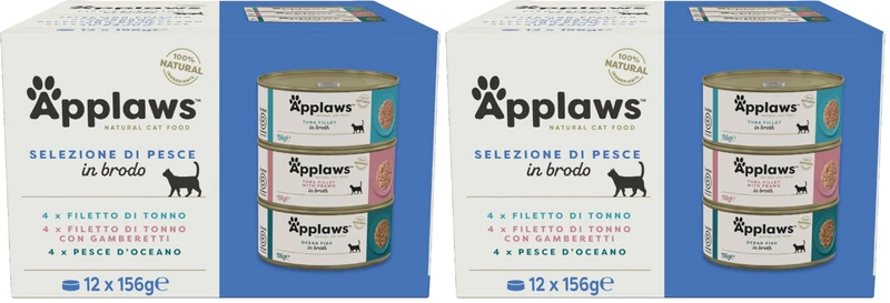 Applaws 100% Natural Wet Cat Food, Multipack Fish Selection in Broth 156 g Tin (Pack of 24)