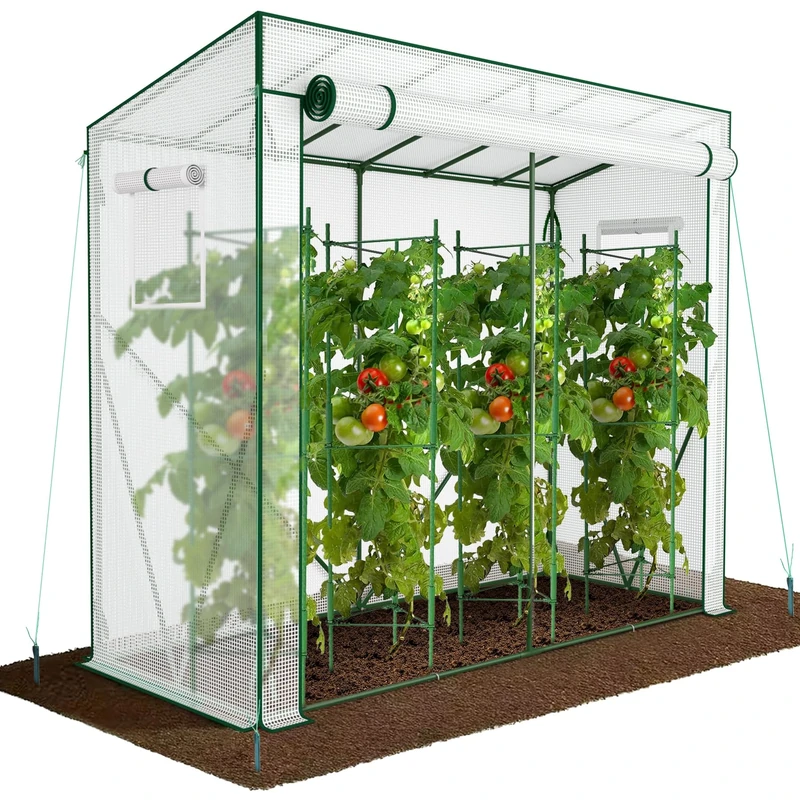 VOUNOT® Garden Greenhouse Tomato Grow House with Roll-up Zipper Door, Reinforced 135g/m² PE Cover, Ideal for Vegetables, Plants, Flowers – All-Season Protection, 200x77x170cm, White