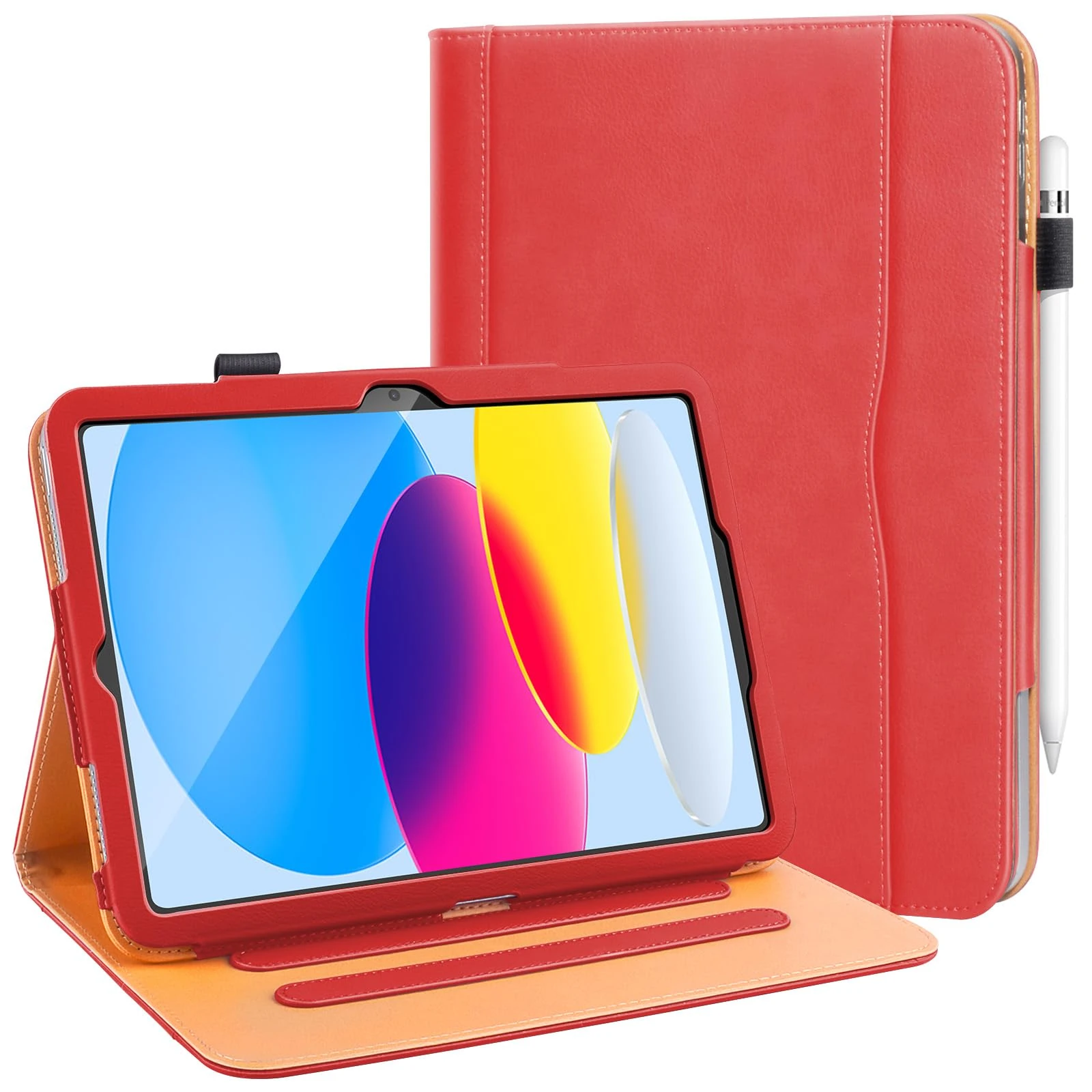 DAORANGE Case for iPad (A16) 11th Generation 11 Inch 2025, iPad 10th Generation 10.9 Inch 2022, PU-Leather Cover with Pencil Holder, Multi-Angle Stand, Document Pocket and Auto Sleep/Wake (Red)