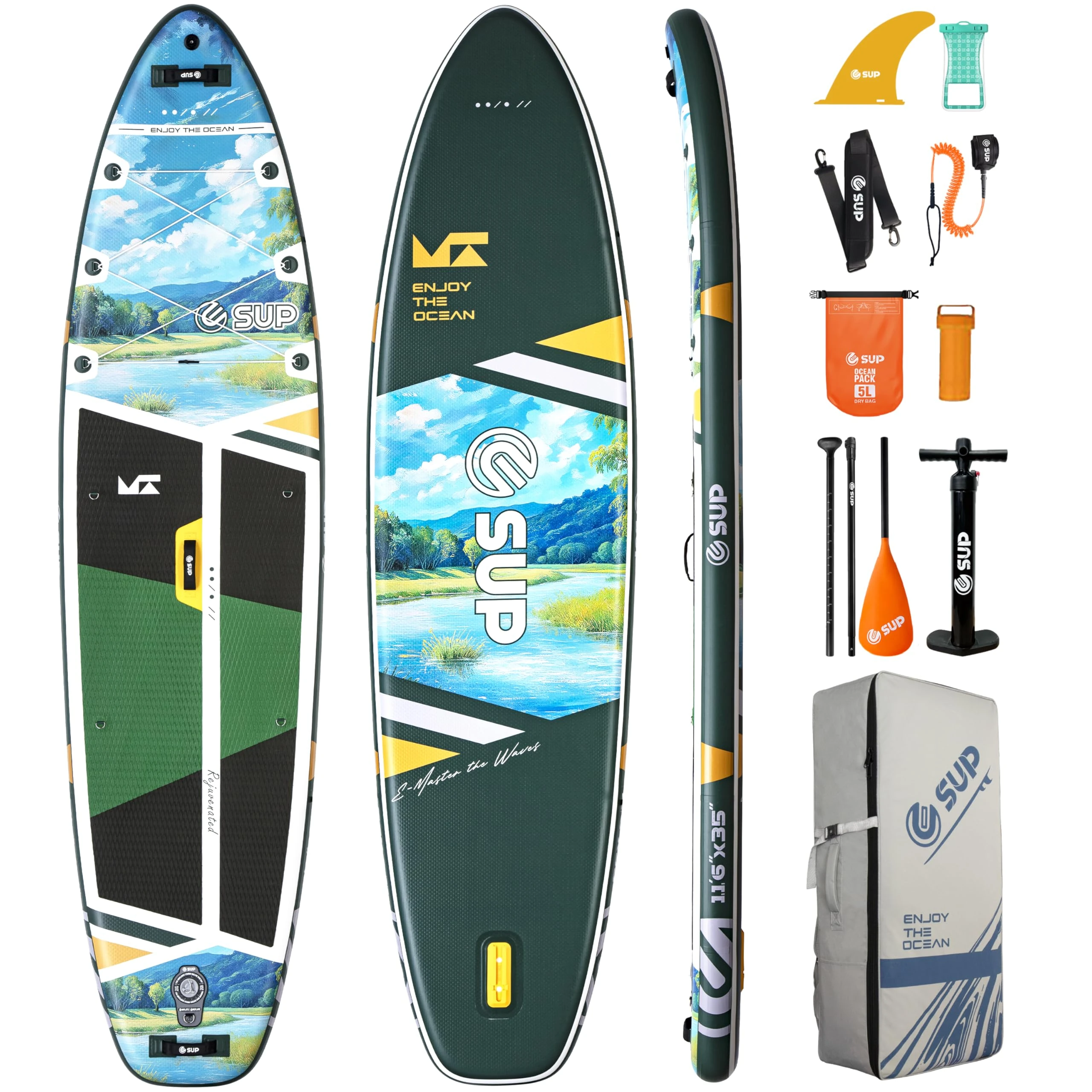 E SUP 11'6"x35" Extra Wide Inflatable Paddle Board, Big Size Stand up Paddleboards for 450lb/3 People/Family/Beginner/Yoga, w/Shoulder Strap,100L Backpack,Dual-Action Pump,All-Round Sup Board