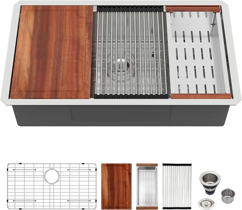 Logmey 30 Inch Undermount Kitchen Sink Workstation-30x19 16 Gauge T304 Stainless Steel Ledge Sink Single Bowl Under Counter Basin with Accessories