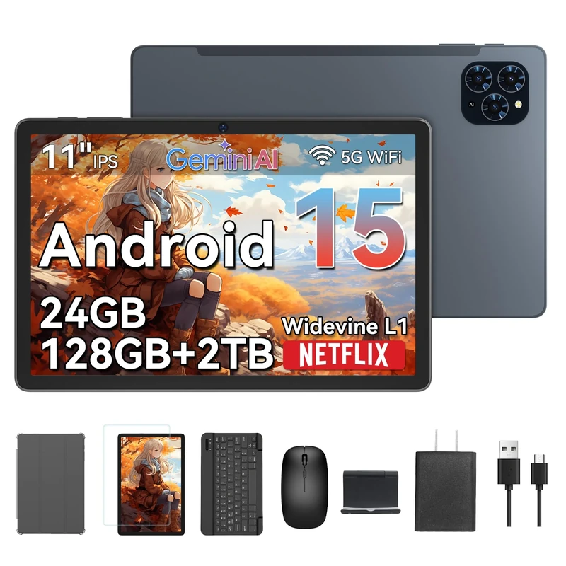 10 Inch Tablet T20, Gemini AI Android 15 Tablets, 24GB RAM + 256GB ROM (2TB TF), Widevine L1, FHD, 5G WiFi, Bluetooth 5.0, GPS, Tablet with Keyboard