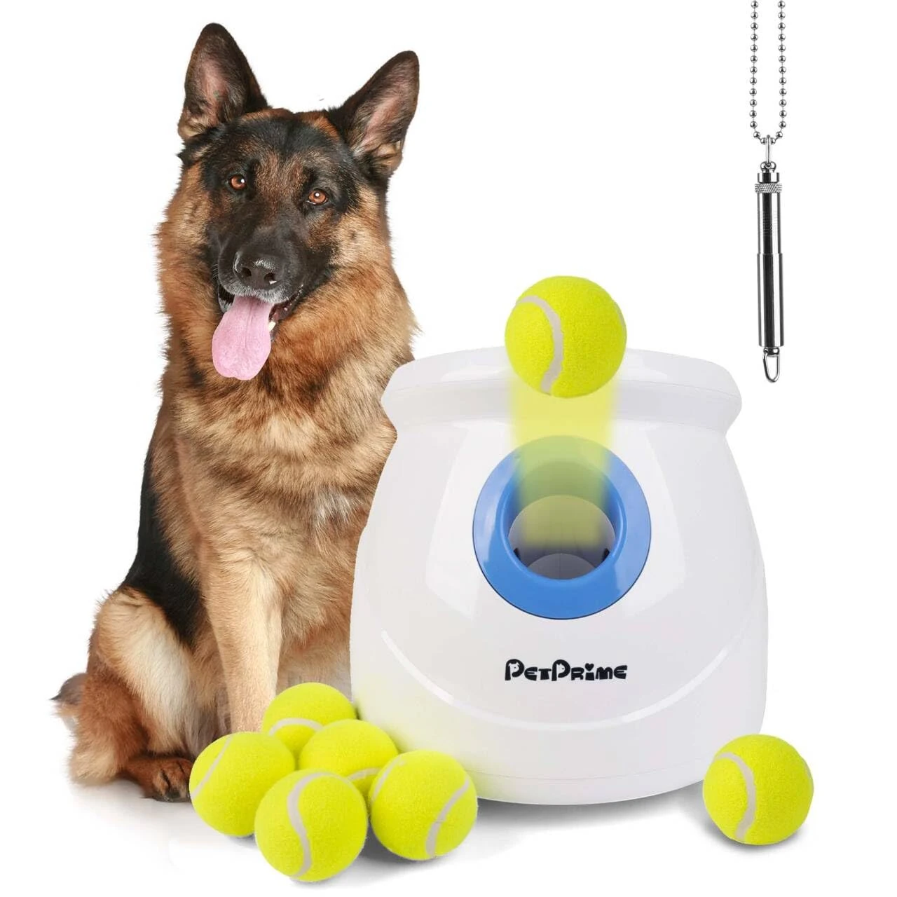 Pet Prime Automatic Dog Ball Launcher for Large Breed, Rechargeable Interactive Ball Thrower Toy with 10-40Ft, Fetch Machine with 6 Durable 2.5" Tennis Balls & Dog Whistle