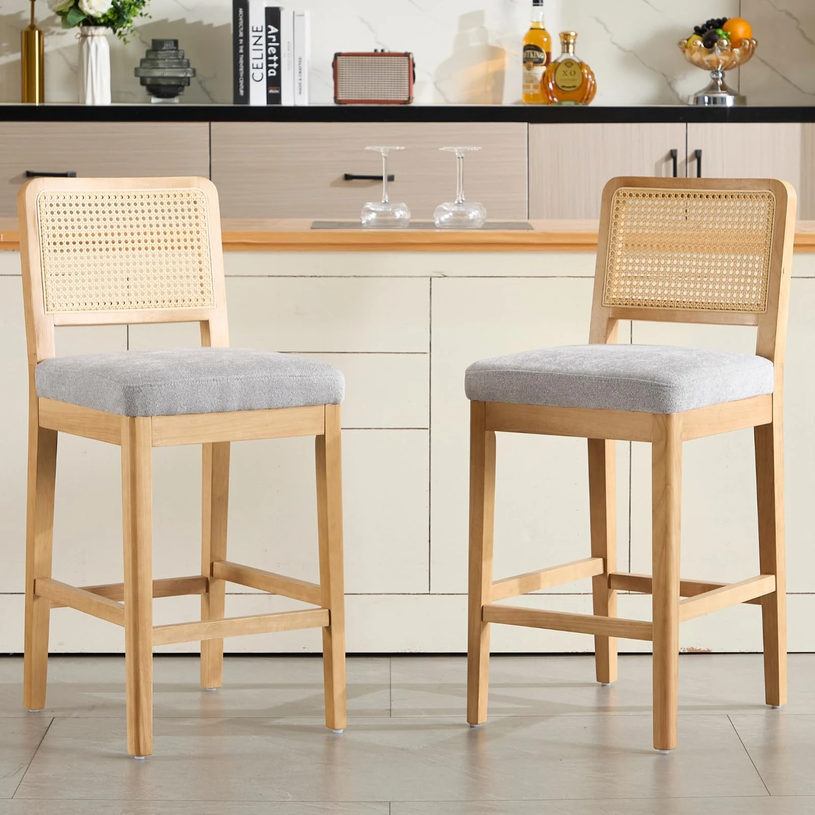 chairus Kitchen Bar Stools Set of 2 Upholstered High Chair in Chenille Fabric Mid-Century Breakfast Counter Stool with Wooden Legs (Gray-2)