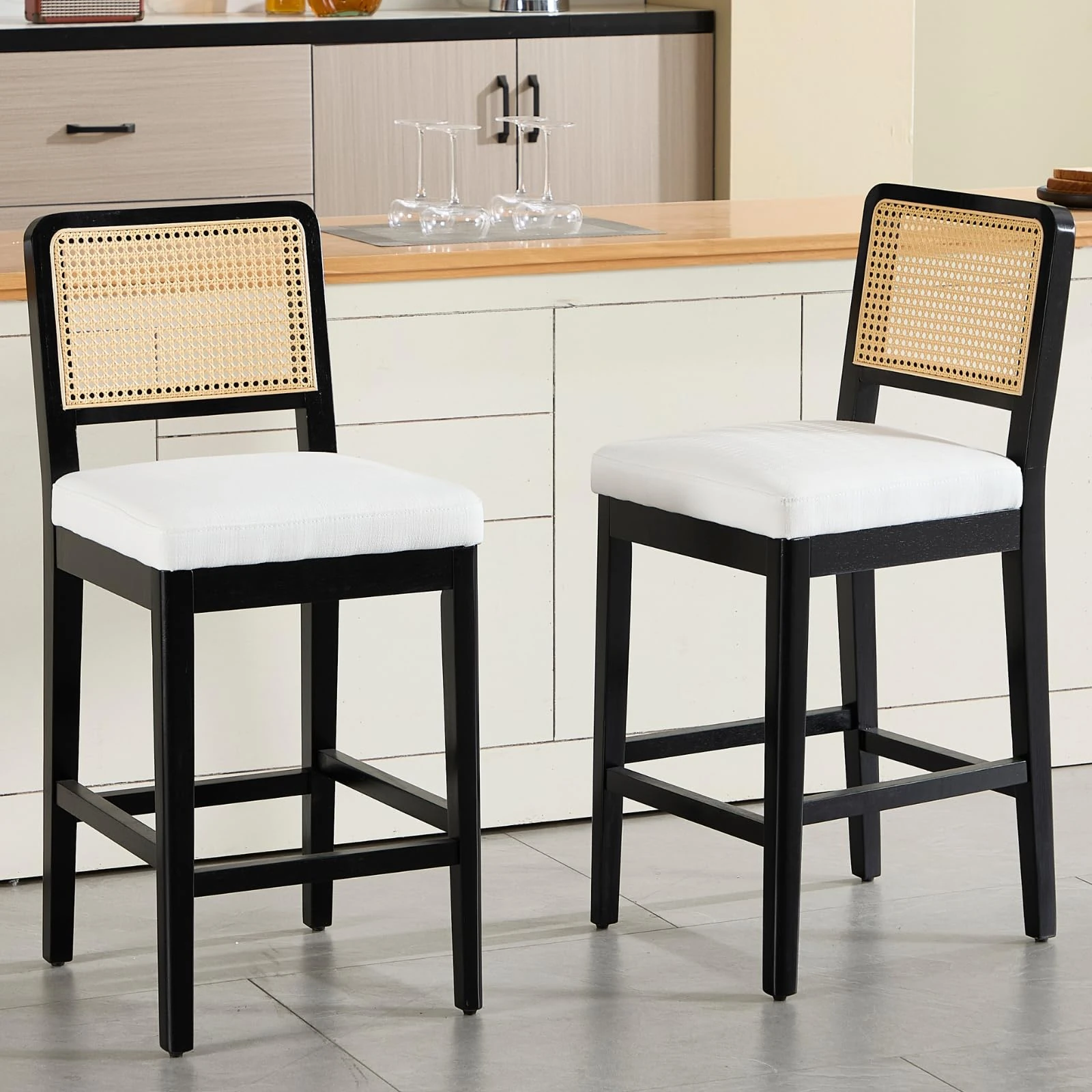chairus Kitchen Bar Stools Set of 2 Upholstered High Stool Linen Mid-Century Breakfast Counter Chairs with Wooden Legs (Black-2)