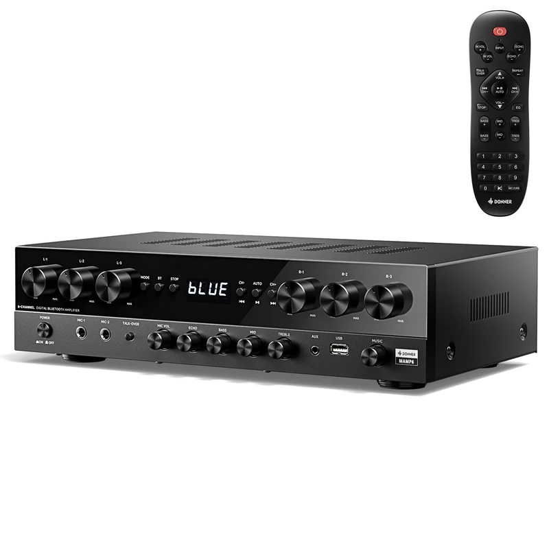Donner Stereo Receivers, Premium 1000W Peak Power 6 Channel Audio Amplifier with Bluetooth 5.3, USB, FM, 2 Mic-in, Echo, RCA, Fiber/Coaxial Input for Home, Karaoke, Theater Speakers, MAMP6