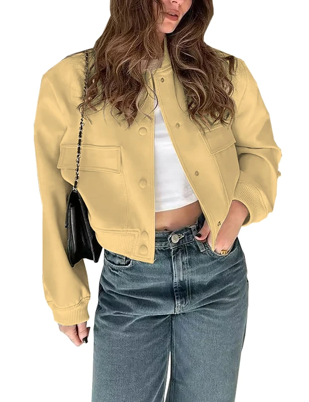 Megfie Womens Cropped Bomber Jacket Button Down Varsity Jackets Shackets with Pockets, Yellow, S