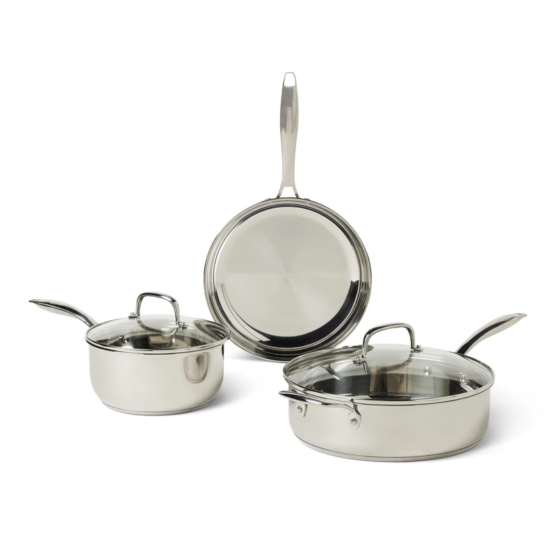 Amazon Basics Stainless Steel Cookware Set, 5-Piece Set, All Cooktop Friendly, Dishwasher-Safe