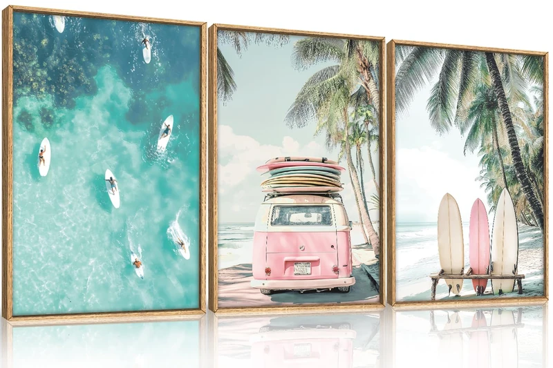 HOURIA Summer Surfboard Beach Framed Canvas Wall Art Set-24"x36"x3