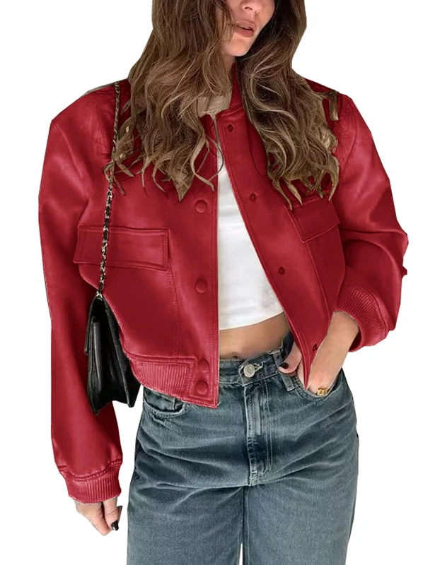 Megfie Womens Cropped Bomber Jacket Button Down Varsity Jackets Shackets with Pockets, Red, M - Image 1